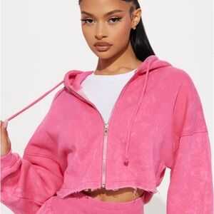 Fashion Nova Cropped Pink Frayed Zip Up Hoodie size S/M